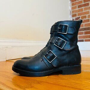 Frye Biker Chelsea Boots Combat Moto Natalie Triple Buckle Black Leather 6.5 B